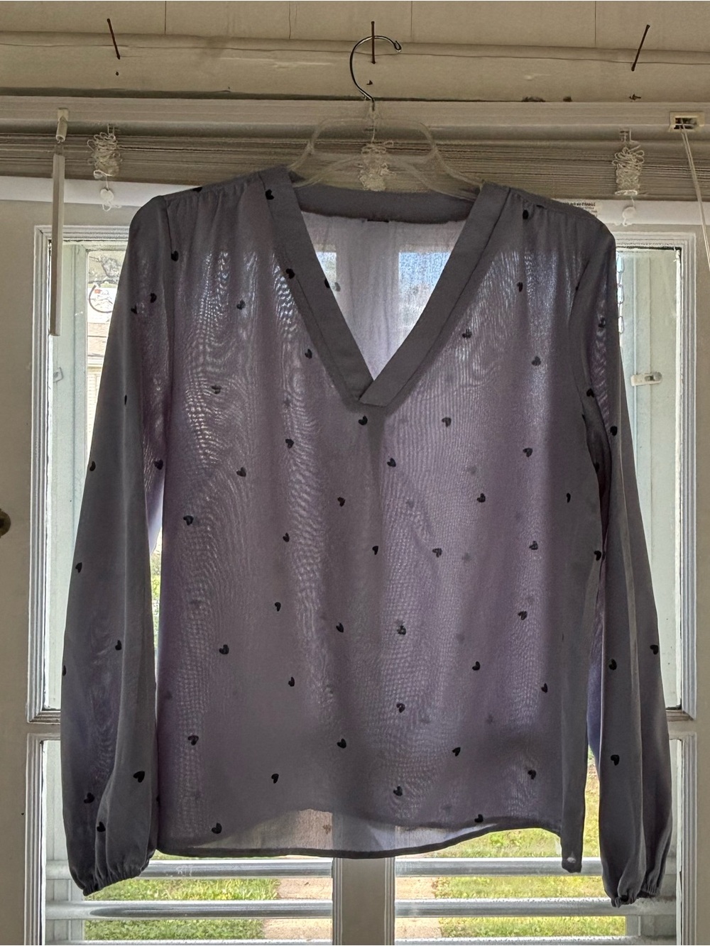 Women’s V-Neck Long Sleeve Dusty Blue Blouse with Black Hearts